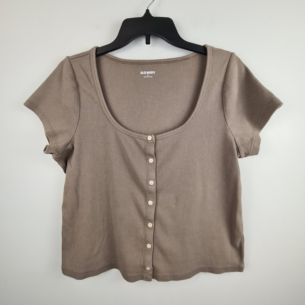 Old Navy Women XL Taupe Ribbed Short Sleeve Button Front Top Cropped Barnswallow